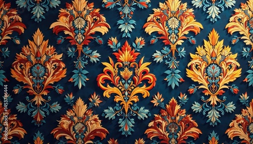 Large-scale damask, bold repeating vine motif, opulent detail, home decor, textile design