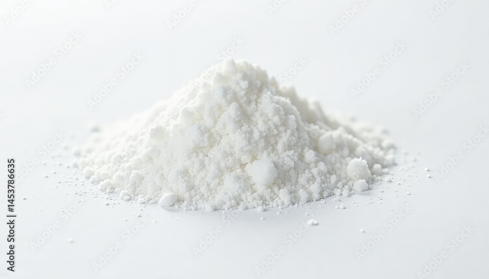 Pile of white granulated sugar on white background, food, ingredient, closeup Pile of white granulated sugar on white background, food, ingredient, closeup