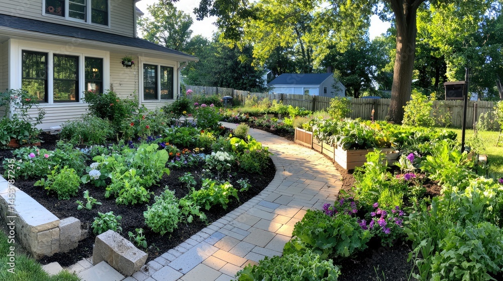Naklejka premium Lively Vegetable and Flower Garden Pathway Surrounding Home Exterior