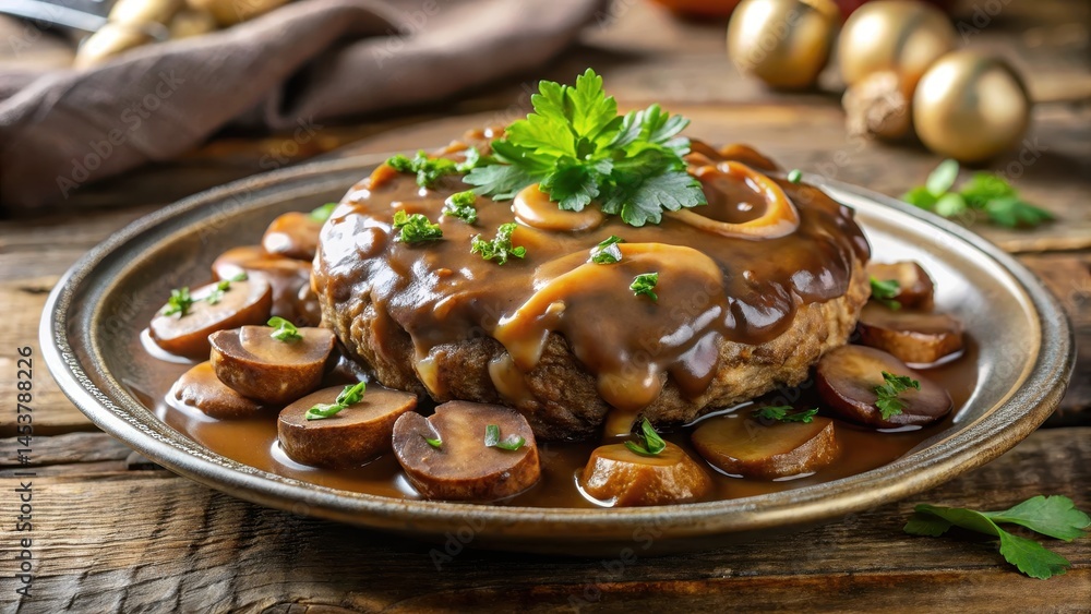 A juicy Salisbury steak sitting on a plate with a rich, savory mushroom gravy pouring out of the side