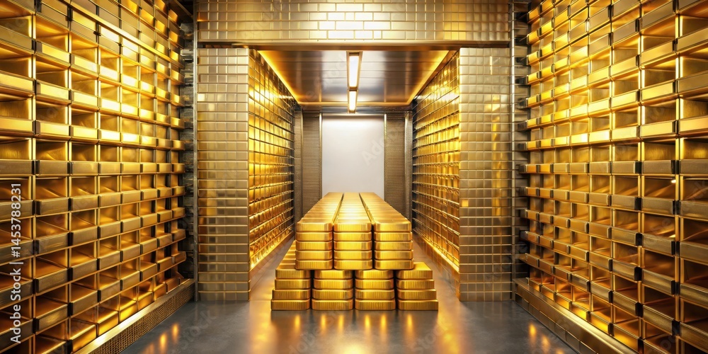 Stacks of glittering gold bars stacked neatly in a metallic vault, wealth, treasure, wealth, treasure, cash