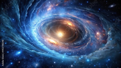 Cosmic vortex of darkness, swirling with gravitational pull, surrounded by stars and galaxies in a distant universe, galaxy