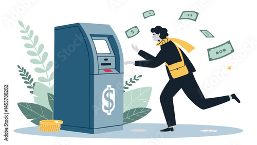 Man Withdraws Cash From Atm Machine Celebrating Financial Success And Freedom