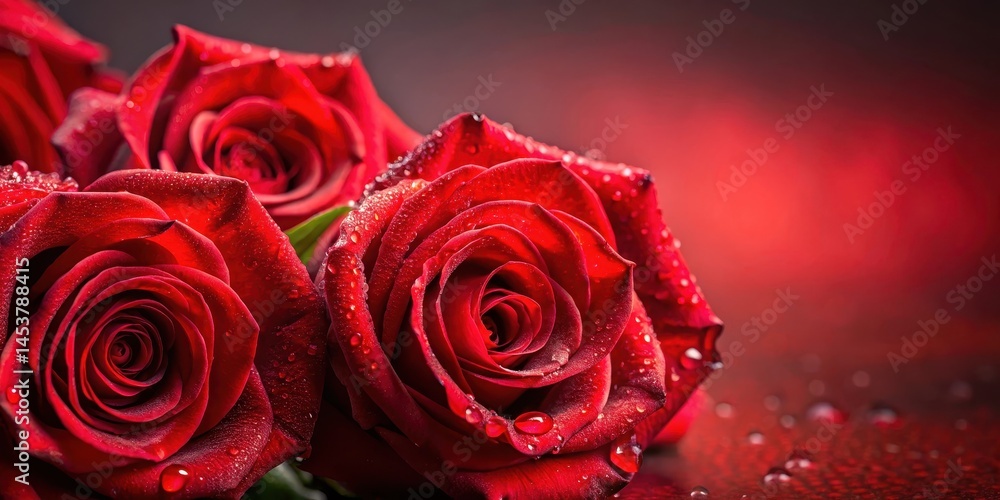 Red Roses with Water Drop on Red Background, love flowers, romantic