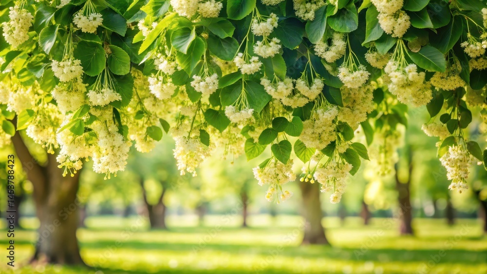 A blooming linden tree with delicate white flowers and a majestic canopy in a serene garden setting , linden tree blossoms, serenity