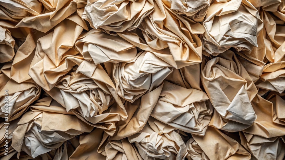 A concentrated mass of folded sheets, showcasing the intricate folds and creases that occur when papers are stacked tightly together , crumpled sheet, visual interest
