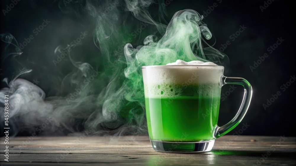 Frothy green beverage overflowing from a clear glass mug with steam rising , liquid, steam, liquid, steam, clear, beverage