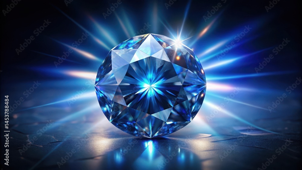 A stunning sapphire-blue diamond, cut to perfection, radiates light from within, its surface reflecting the darkness of the surrounding black background , diamond, dark background