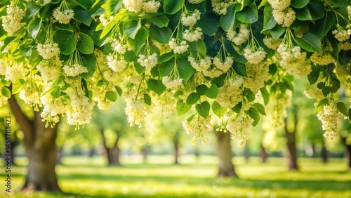 A blooming linden tree with delicate white flowers and a majestic canopy in a serene garden setting , linden tree blossoms, serenity