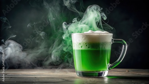 Frothy green beverage overflowing from a clear glass mug with steam rising , liquid, steam,  liquid, steam, clear, beverage
