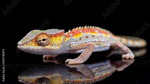 A gecko with vivid patterns and textures crawls slowly across a smooth, reflective surface, capturing the light beautifully in a close-up view