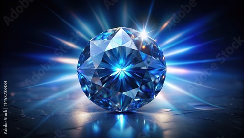 Obraz na płótnie A stunning sapphire-blue diamond, cut to perfection, radiates light from within, its surface reflecting the darkness of the surrounding black background , diamond, dark background w salonie