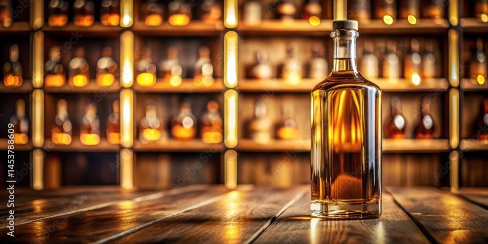 A bottle of clear liquor with a rich amber glow and subtle ripples on its surface, set against a blurred background of wooden shelves and dim lighting, liquor, drink