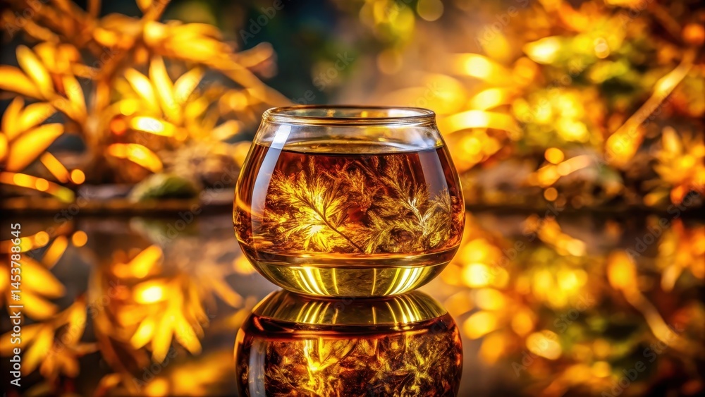 Amber liquid in a small glass vessel with golden glow, surrounded by intricate patterns of nature, liquid, glass vessel