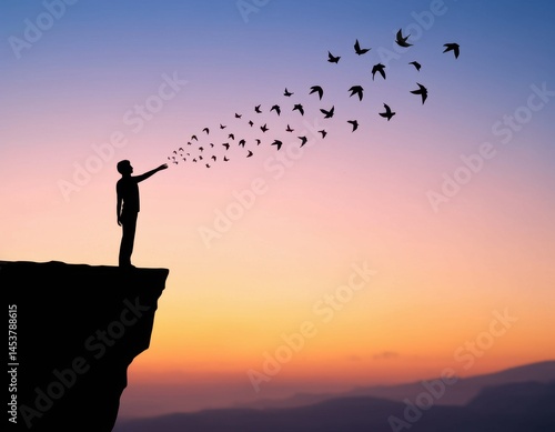 Silhouette man releasing birds at sunset on cliff edge concept of freedom and letting go illustration mental health