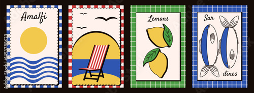 Perfect Italy Amalfi poster cover template design. Italian dolce vita vector illustration theme for Summer background card print with sardines lemons beach EPS 10