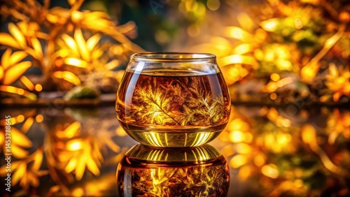 Obraz na płótnie Amber liquid in a small glass vessel with golden glow, surrounded by intricate patterns of nature, liquid, glass vessel w salonie