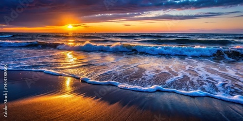 Obraz na płótnie Glowing ocean waves at dusk, darkness, beach, darkness, beach,bioluminescent, peaceful, enchantment, wonder, ocean w salonie