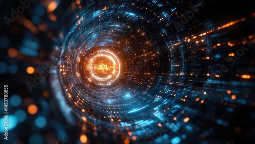 Abstract digital tunnel with glowing numerical sequence.