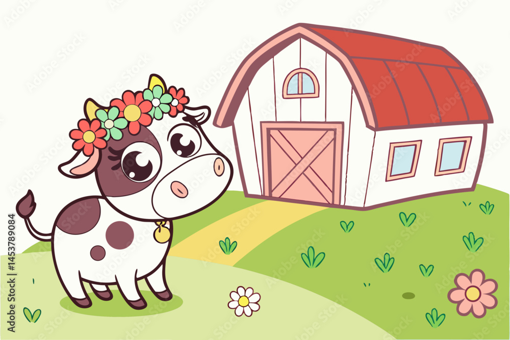 Obraz premium Cute Farm Cow Character with Flower Crown