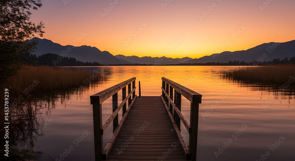 Fototapeta premium Serene Sunset over Mountain Lake with Wooden Dock: A Peaceful Evening Landscape