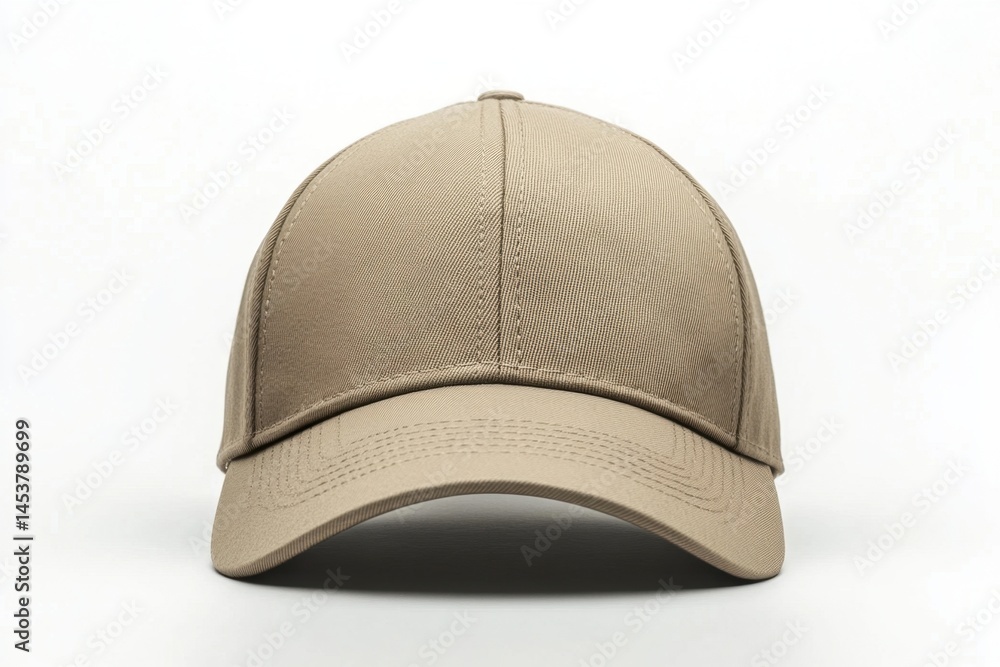 Fototapeta premium Simple beige cap displayed against a plain white background, highlighting its clean design and texture