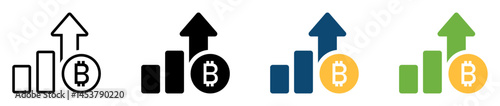 Set of four Bitcoin growth icons showing upward trend. Symbolic representation of cryptocurrency investment, blockchain finance, digital asset gains, and market success with bar chart and arrow.