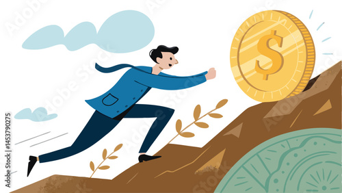 Businessman Chasing Dollar Coin Uphill Metaphor For Success And Financial Growth