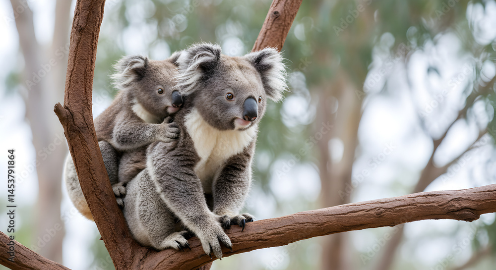 Fototapeta premium Heartwarming Koala Mother and Cub Embracing on Eucalyptus Branch with Curious Expressions in Natural Daylight Wildlife Scene Optimized for Adobe Stock Photo