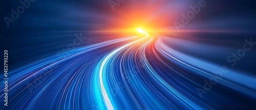 Luminous path with vibrant, curved blue streaks leading to bright orange light