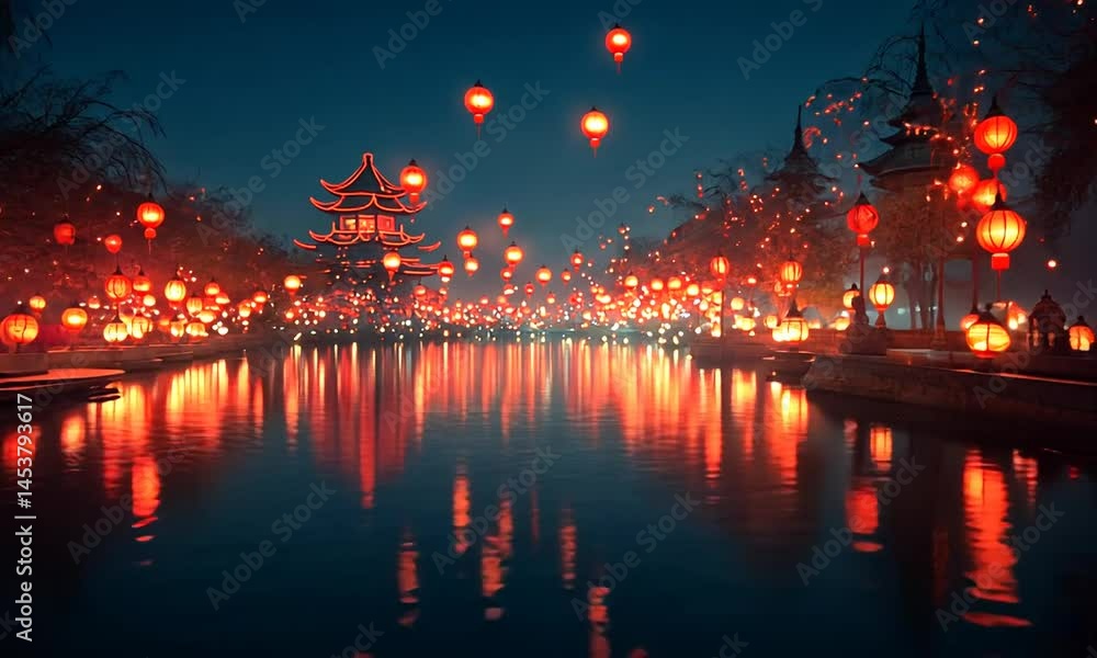 Serene night scene with glowing lanterns illuminating a tranquil river near a traditional pavilion Serene night scene with glowing lanterns illuminating a tranquil river near a traditional pavilion