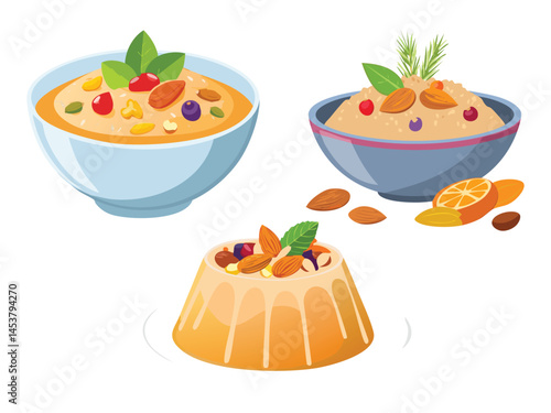 vector illustration of a turkish food Aşure (Noah’s Pudding Made from Grains, Nuts, and Dried Fruits)