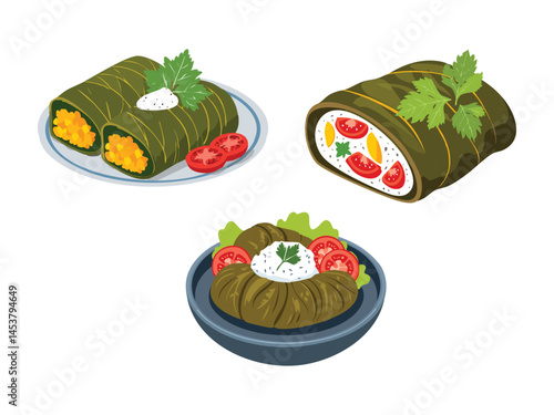 vector illustration of a turkish food Dolma (Stuffed Vegetables, Often Peppers, Tomatoes, or Vine Leaves)