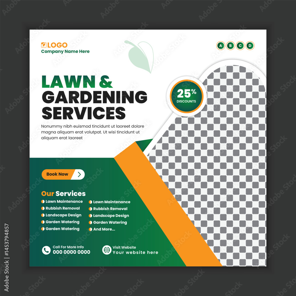 Naklejka premium Lawn care and gardening services, social media post design, or web banner template. Tree and gardening service poster, leaflet, and handbill design. Lawn Mower Square Flyer design template