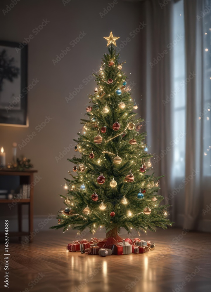 A shimmering Christmas tree, its ornaments reflecting the surrounding fairy lights , bright, blur A shimmering Christmas tree, its ornaments reflecting the surrounding fairy lights , bright, blur