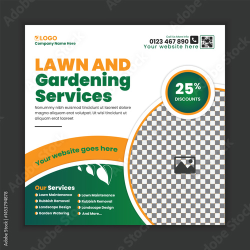 Lawn care and gardening services, social media post design, or web banner template. Tree and gardening service poster, leaflet, and handbill design. Lawn Mower Square Flyer design template