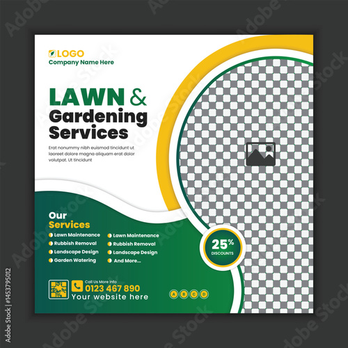 Lawn care and gardening services, social media post design, or web banner template. Tree and gardening service poster, leaflet, and handbill design. Lawn Mower Square Flyer design template