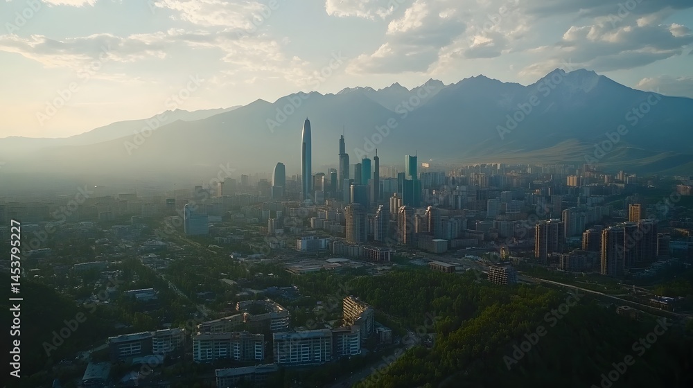 Obraz premium Panoramic cityscape view of a modern metropolis nestled in a mountainous landscape.
