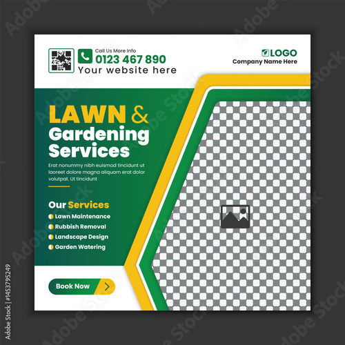 Lawn care and gardening services, social media post design, or web banner template. Tree and gardening service poster, leaflet, and handbill design. Lawn Mower Square Flyer design template