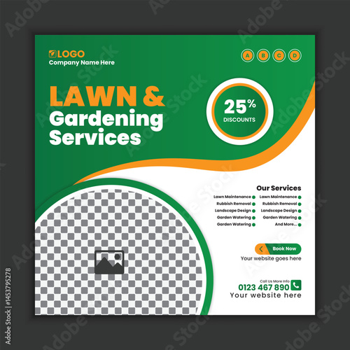 Lawn care and gardening services, social media post design, or web banner template. Tree and gardening service poster, leaflet, and handbill design. Lawn Mower Square Flyer design template