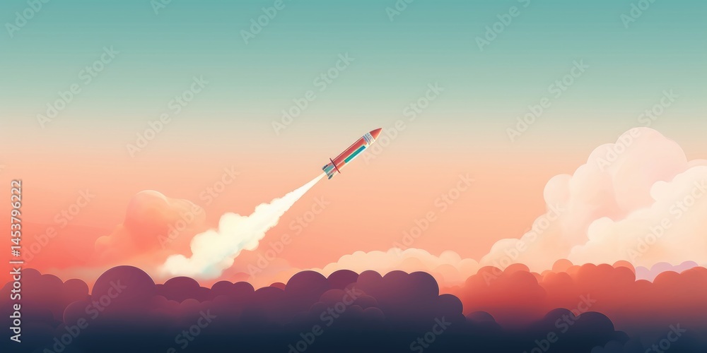 Vibrant rocket launch piercing through fluffy clouds against a dreamy pastel sky at dawn, symbolizing innovation and adventure with remarkable artistry. Vibrant rocket launch piercing through fluffy clouds against a dreamy pastel sky at dawn, symbolizing innovation and adventure with remarkable artistry.