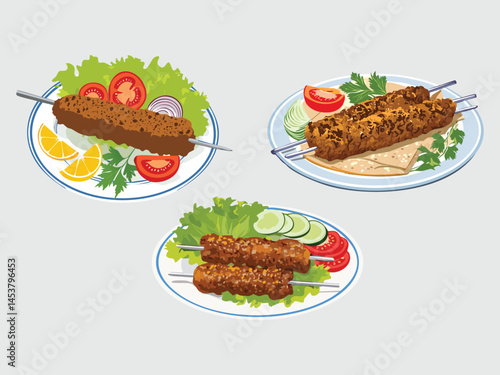 vector illustration of a turkish food Urfa Kebab (Milder Minced Lamb Kebab)