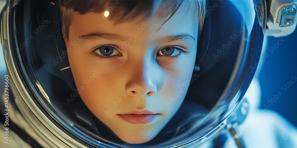 A young boy is wearing a space suit and looking into the camera. Concept of wonder and curiosity about space exploration