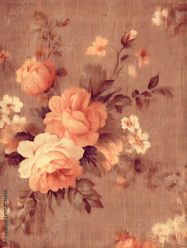 Vintage Floral Pattern with Soft Peach Roses and Delicate Blooms