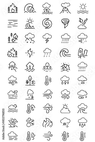 Weather and Natural Phenomena Icons.weather, natural, wildfire, tsunami, cloud, volcano, sun, wave, hurricane, tornado, storm, rain, lightning, snow, wind, flood, house, temperature, fog, hail, drough