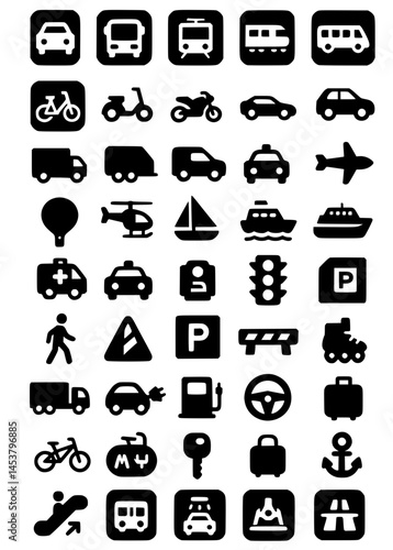 Transportation and Traffic Icons.transportation, traffic, car, bus, train, van, bicycle, scooter, motorcycle, taxi, plane, helicopter, balloon, sailboat, ship, ambulance, traffic light, parking, pedes