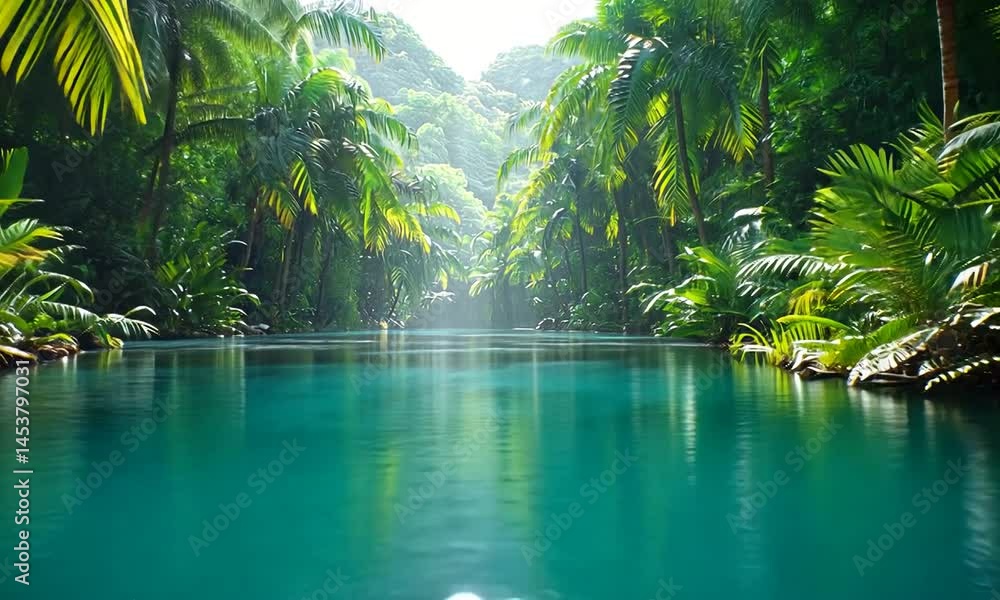 Serene Tropical River Surrounded by Lush Greenery and Sunlight Filtering Through Trees Serene Tropical River Surrounded by Lush Greenery and Sunlight Filtering Through Trees