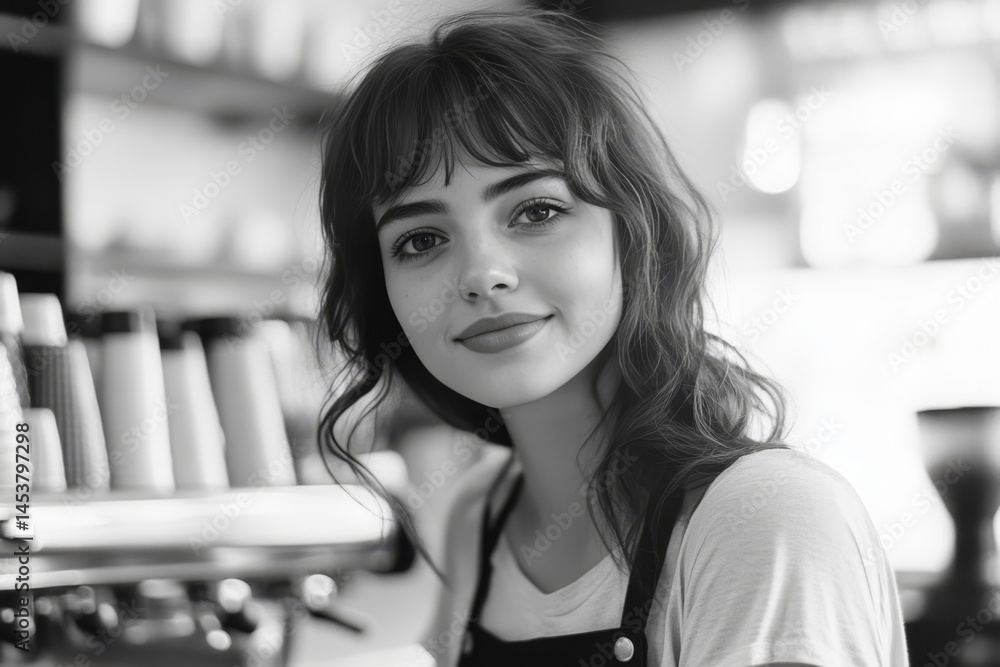 Smiling woman in apron working behind counter