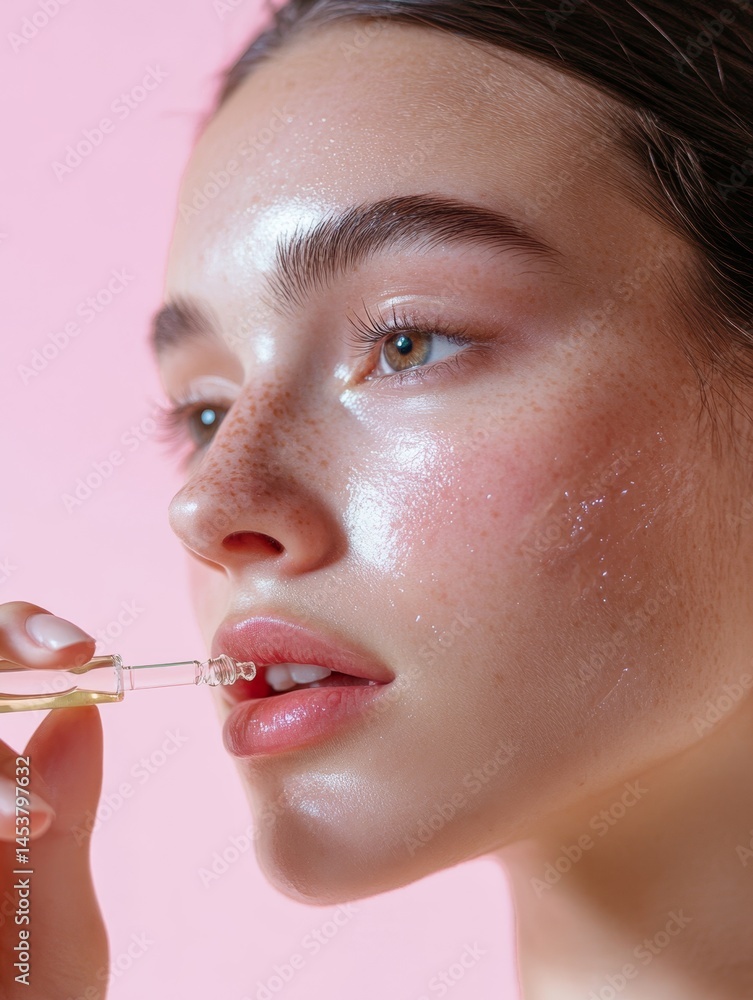 A woman applying moisturizer to her face while wearing a facial mask.