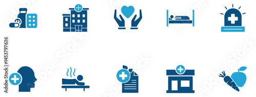 Medical and Healthcare Icons Set  Hospital, Wellness, Nutrition, Emergency, Therapy, and Health Services Vector Symbols for Web and Print